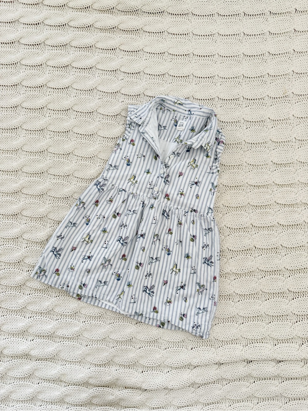 GAP Baby Blue & White Striped Dress with Colorful Unicorn Motifs